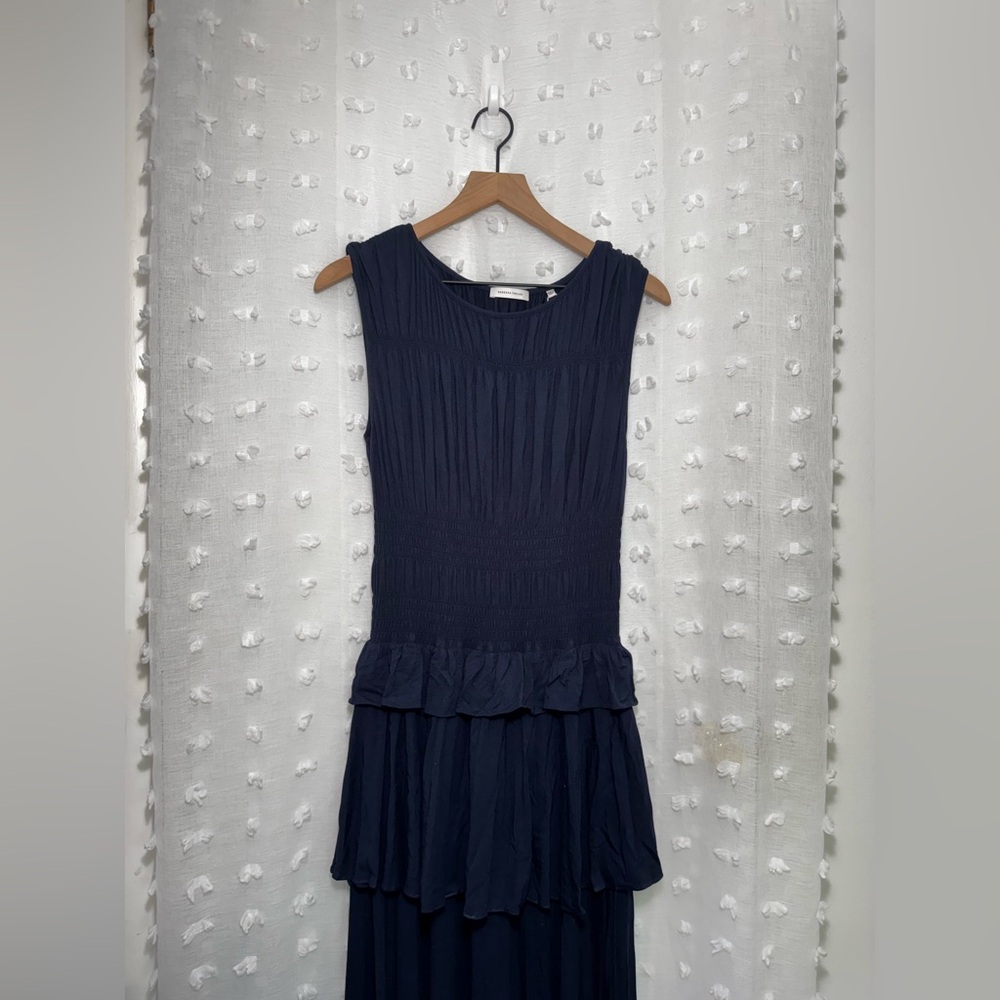 REBECCA TAYLOR  Tiered‎ Ruffle Layered Midi-Dress Marine Blue Cap Sleeves XL NWT - Picture 2 of 7
